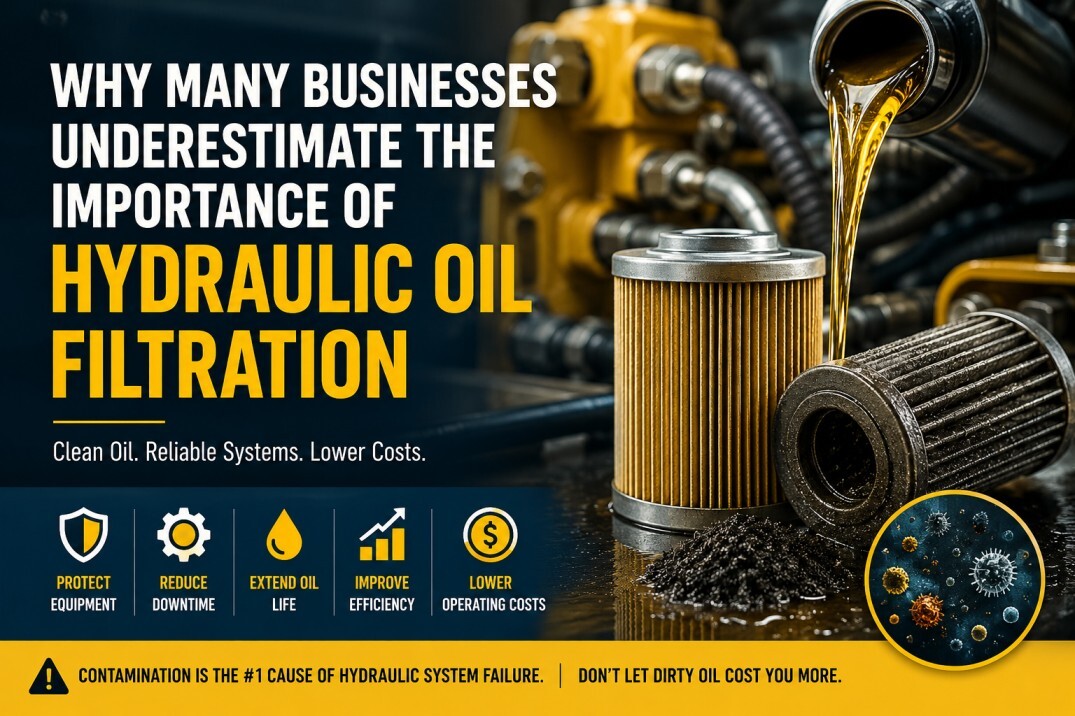 Industrial hydraulic oil filtration system with oil filters, flowing hydraulic oil, and machinery components highlighting equipment protection and reduced downtime.